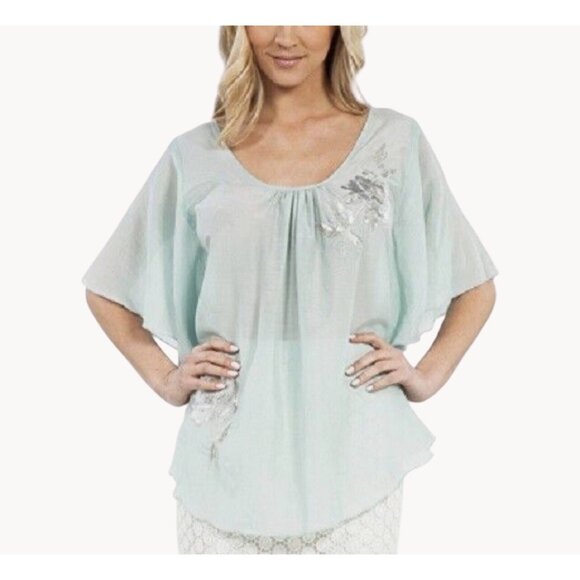 NWT Karen Kane Aqua Blue Silver Flutter Sleeve Silk Blend Scoop Neck Blouse Top - Picture 1 of 8